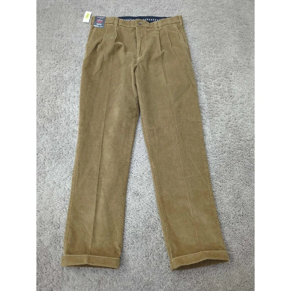 Roundtree & Yorke Pants Mens 36x34 Brown Corduroy Pleated Cuffed Hem Classic NEW